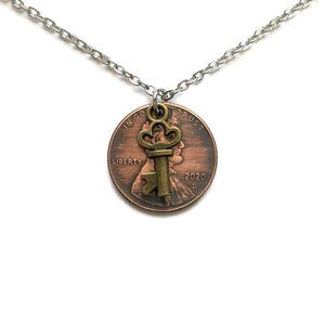 1959-1979 Lucky Penny Necklace Skeleton Key Charm Copper Stainless Steel Unisex